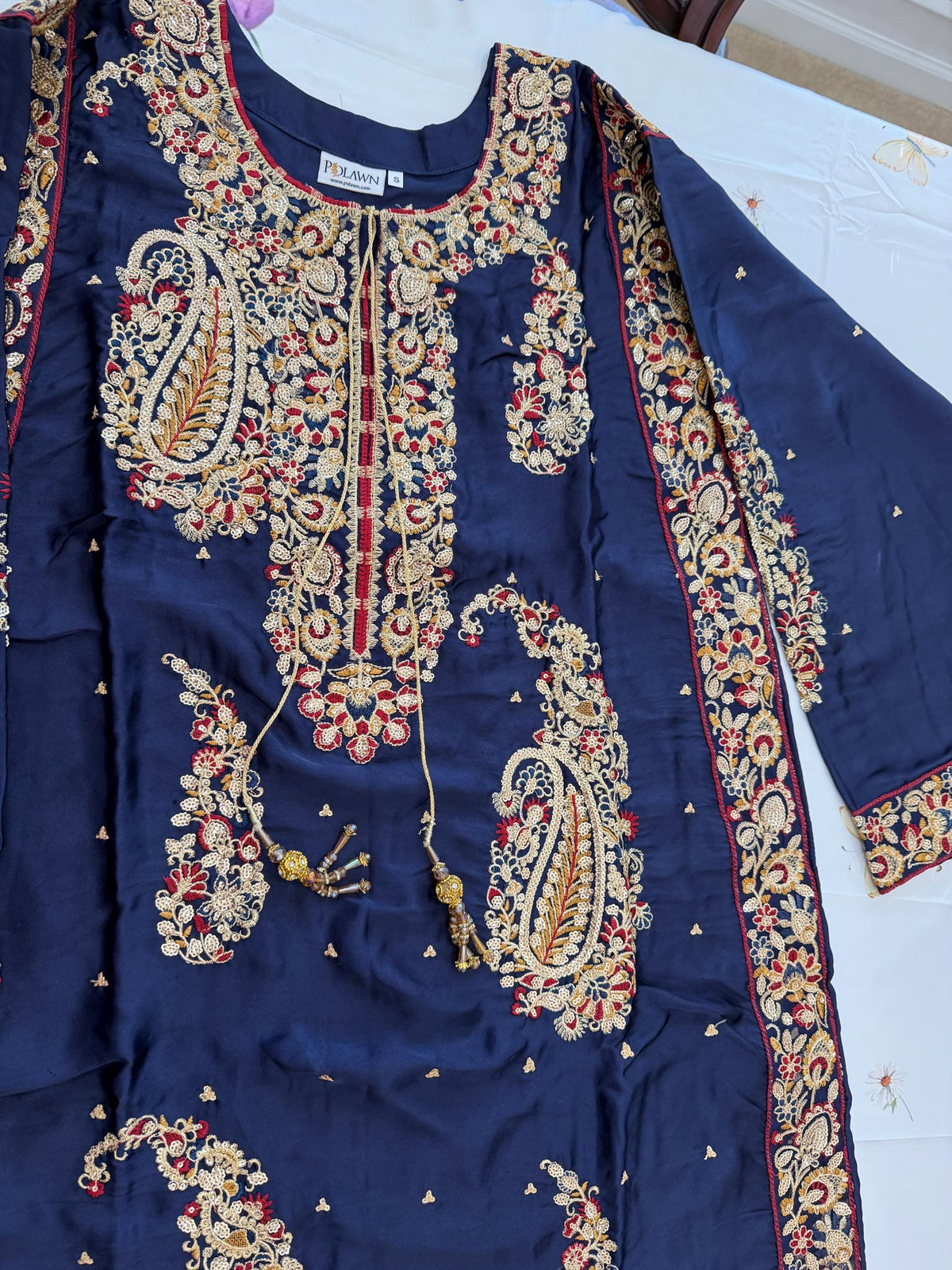 Embroidered Silk Charmeuse Kaftan with Trousers - Navy Blue