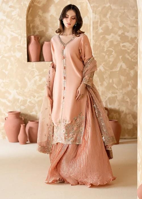 Embroidered Charmeuse Silk Sharara Suit - Pink