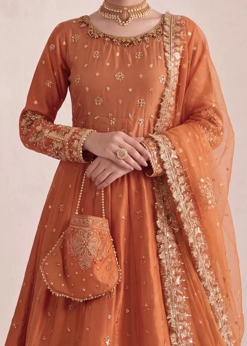 Embroidered Silk Pishwas Palazzo Suit - 4 Piece - Copper Orange