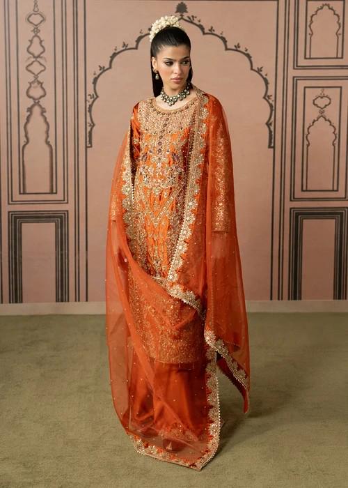 Embroidered Charmeuse Silk Suit - Burnt Orange - 3 Piece