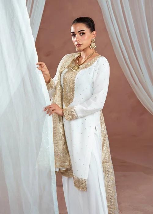Golden Embroidered Chiffon Suit - White & Gold - 3 Piece