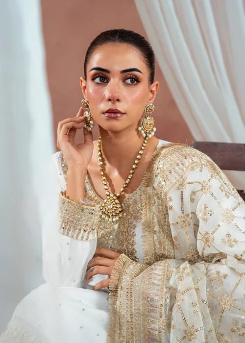 Golden Embroidered Chiffon Suit - White & Gold - 3 Piece