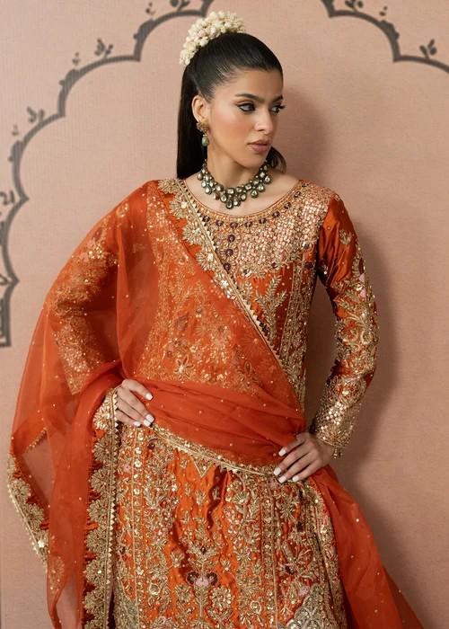 Embroidered Charmeuse Silk Suit - Burnt Orange - 3 Piece