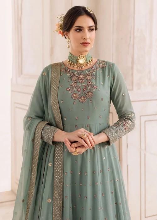 Embroidered Chiffon Maxi Suit - Moss Green - 3 Piece