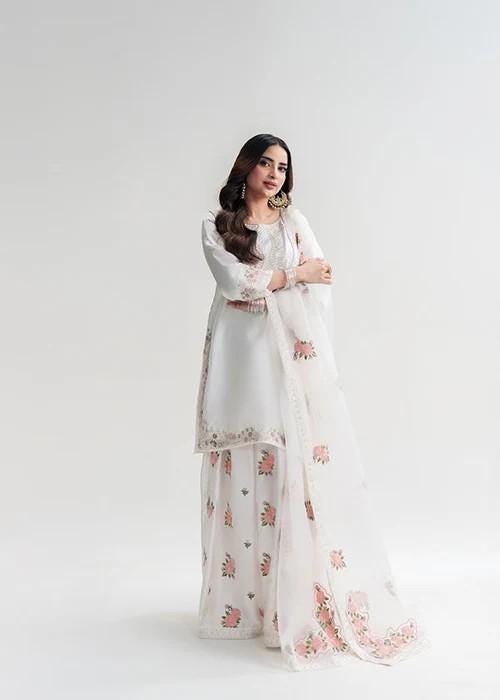 Embroidered Charmeuse Silk Kurta Suit - White