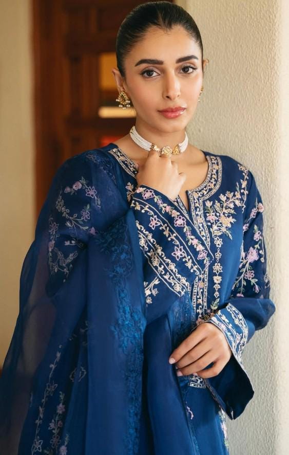 Agha noor 3 Piece Pure Silk  Heavily Embroidered Suit -Size  (Large) - Navy Blue