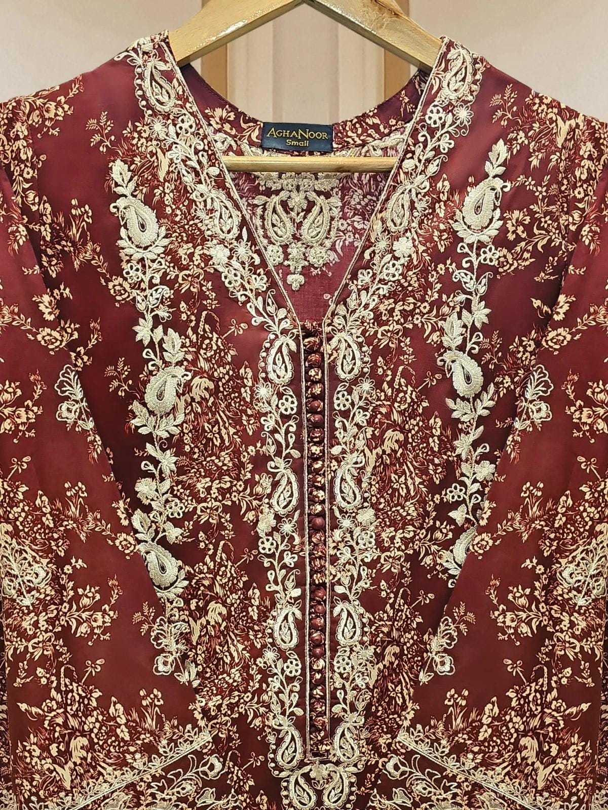 Aghanoor 2 piece - Digital Printed Embroidered Cambric Suit (Size Medium)- Maroon