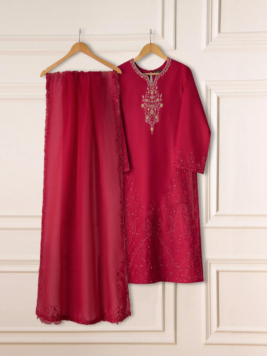 Agha noor 3 Piece Pure Silk Net Embroidered Suit Size (Large)