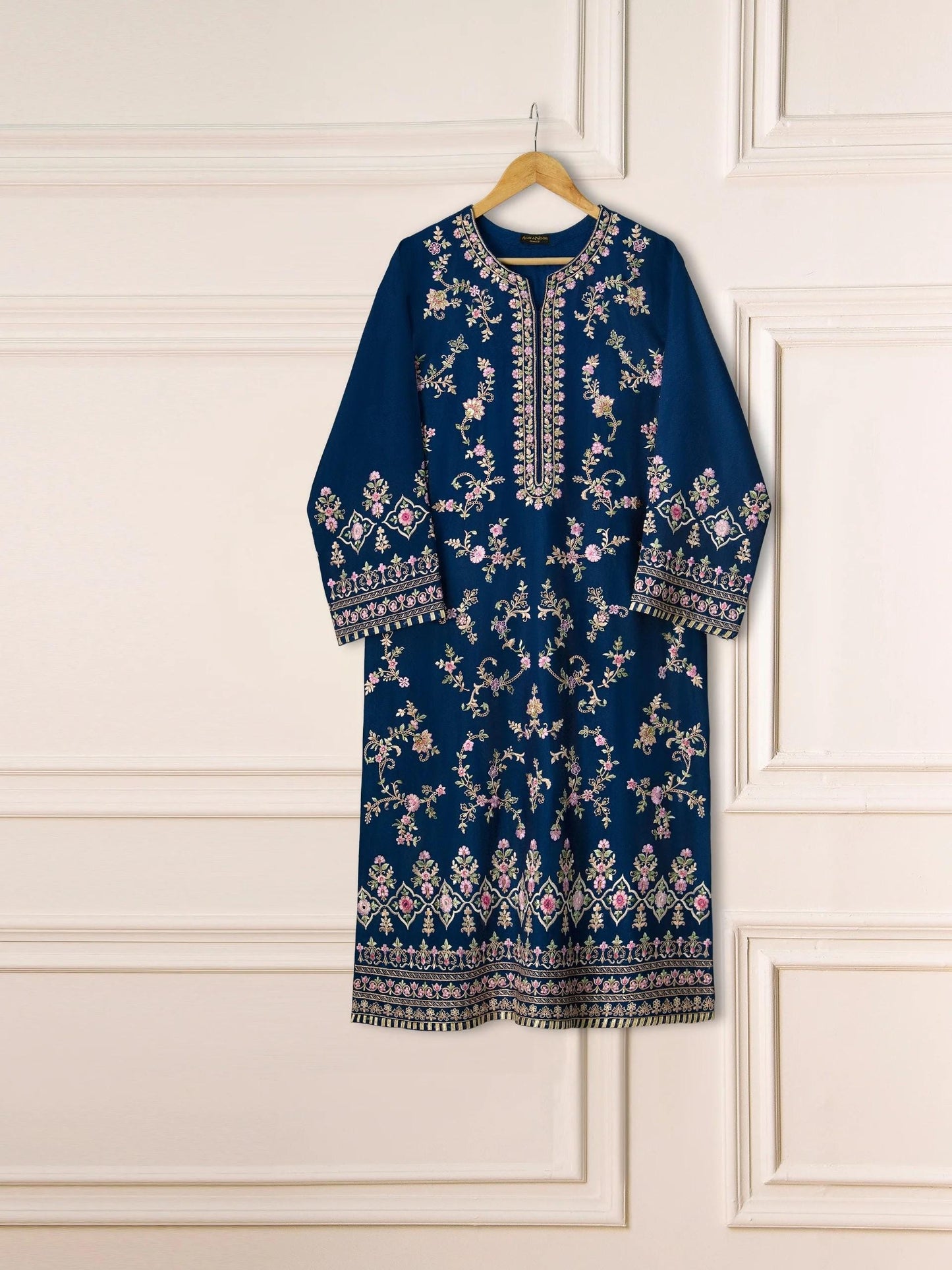 Agha noor 3 Piece Pure Silk  Heavily Embroidered Suit -Size  (Large) - Navy Blue