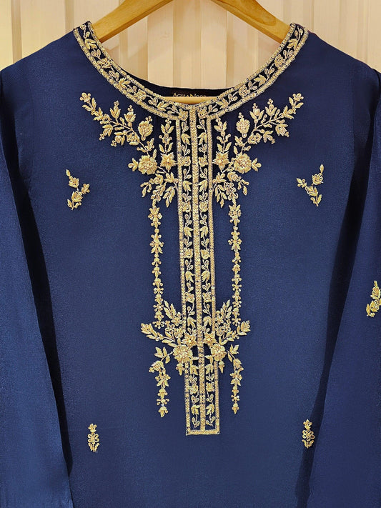 Agha Noor 2 piece - Pure Silk Net Embroidered Suit - Navy Blue