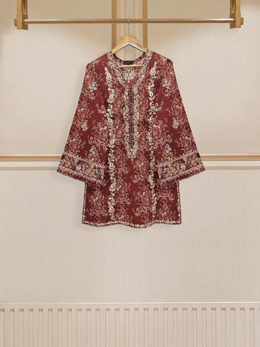 Aghanoor 2 piece - Digital Printed Embroidered Cambric Suit (Size Medium)- Maroon