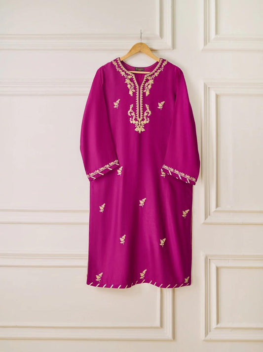 Agha noor 2 piece - (Size- XL) Pure Silk Net Embroidered Suit - Magenta -  Shalwar Kameez