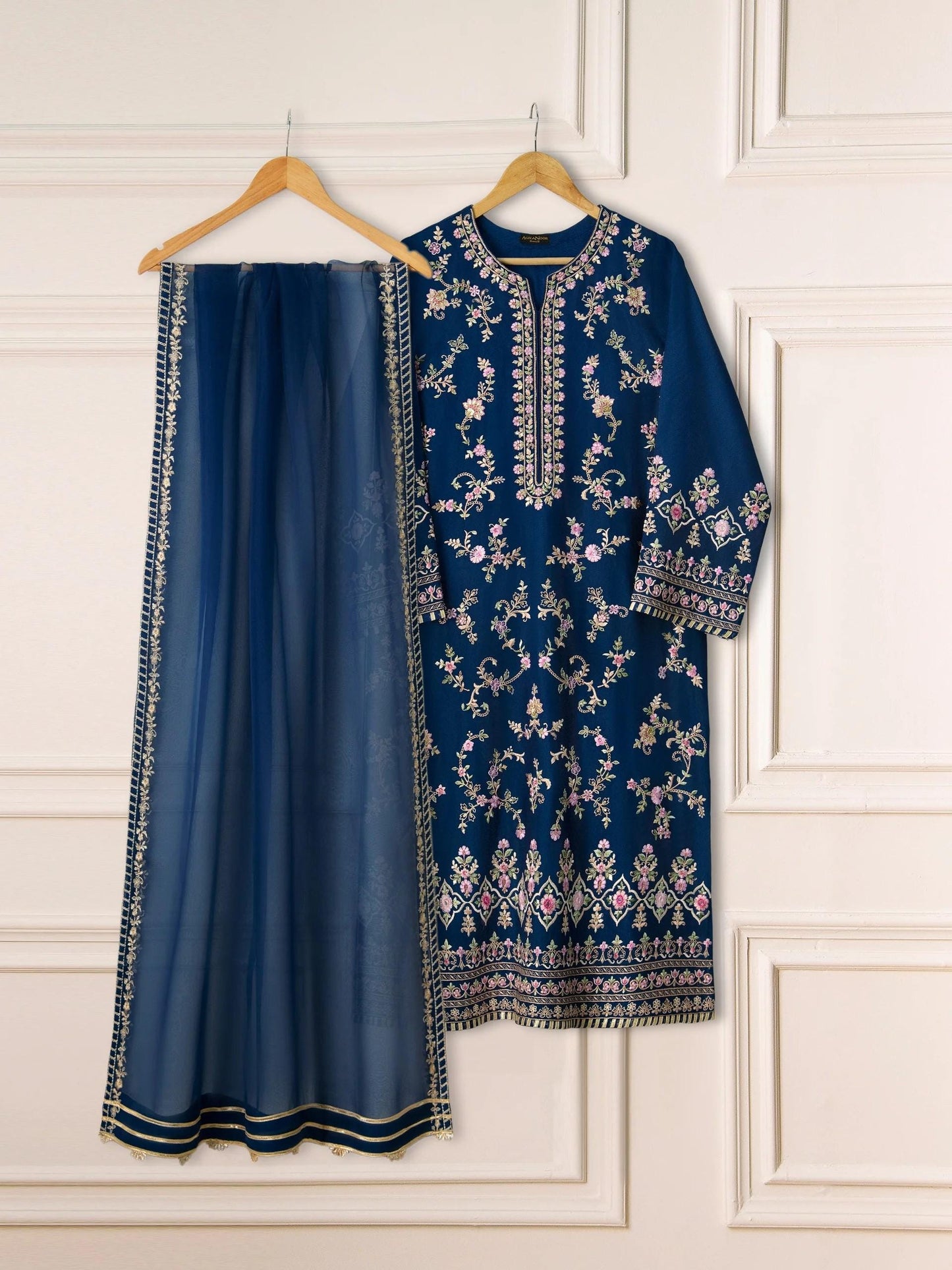 Agha noor 3 Piece Pure Silk  Heavily Embroidered Suit -Size  (Large) - Navy Blue