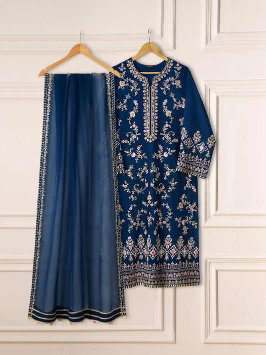 Agha noor 3 Piece Pure Silk  Heavily Embroidered Suit -Size  (Large) - Navy Blue
