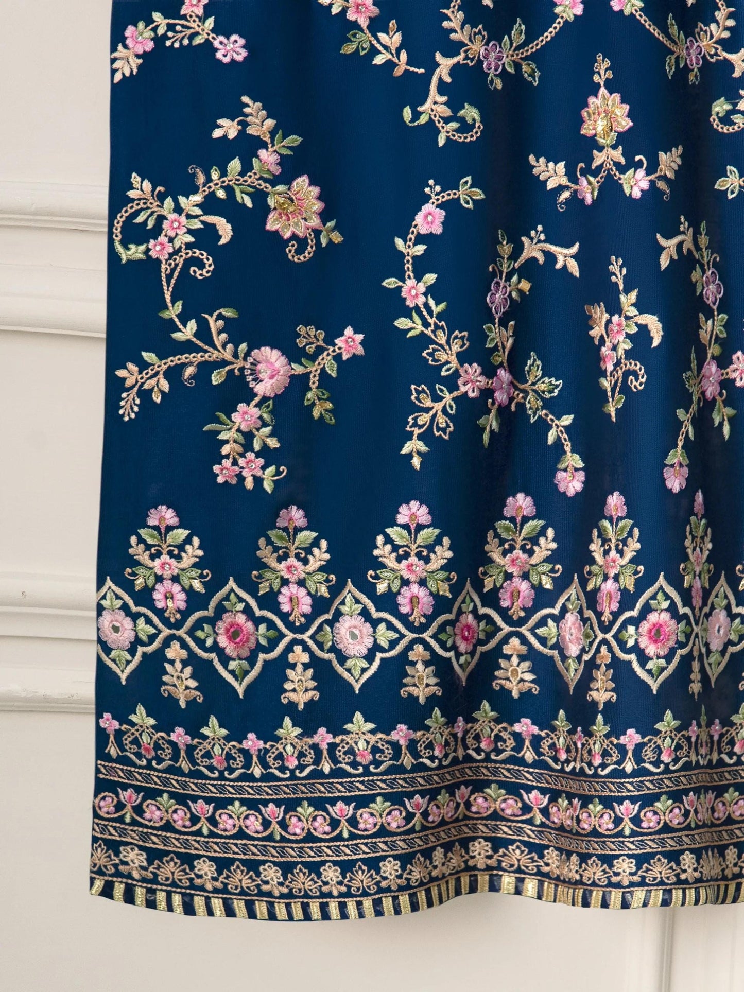 Agha noor 3 Piece Pure Silk  Heavily Embroidered Suit -Size  (Large) - Navy Blue