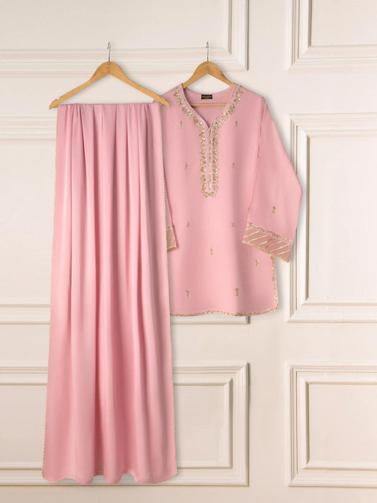 Agha Noor 3 Piece Pure Cotton Net Embroidered Suit Size (Small) - Pink