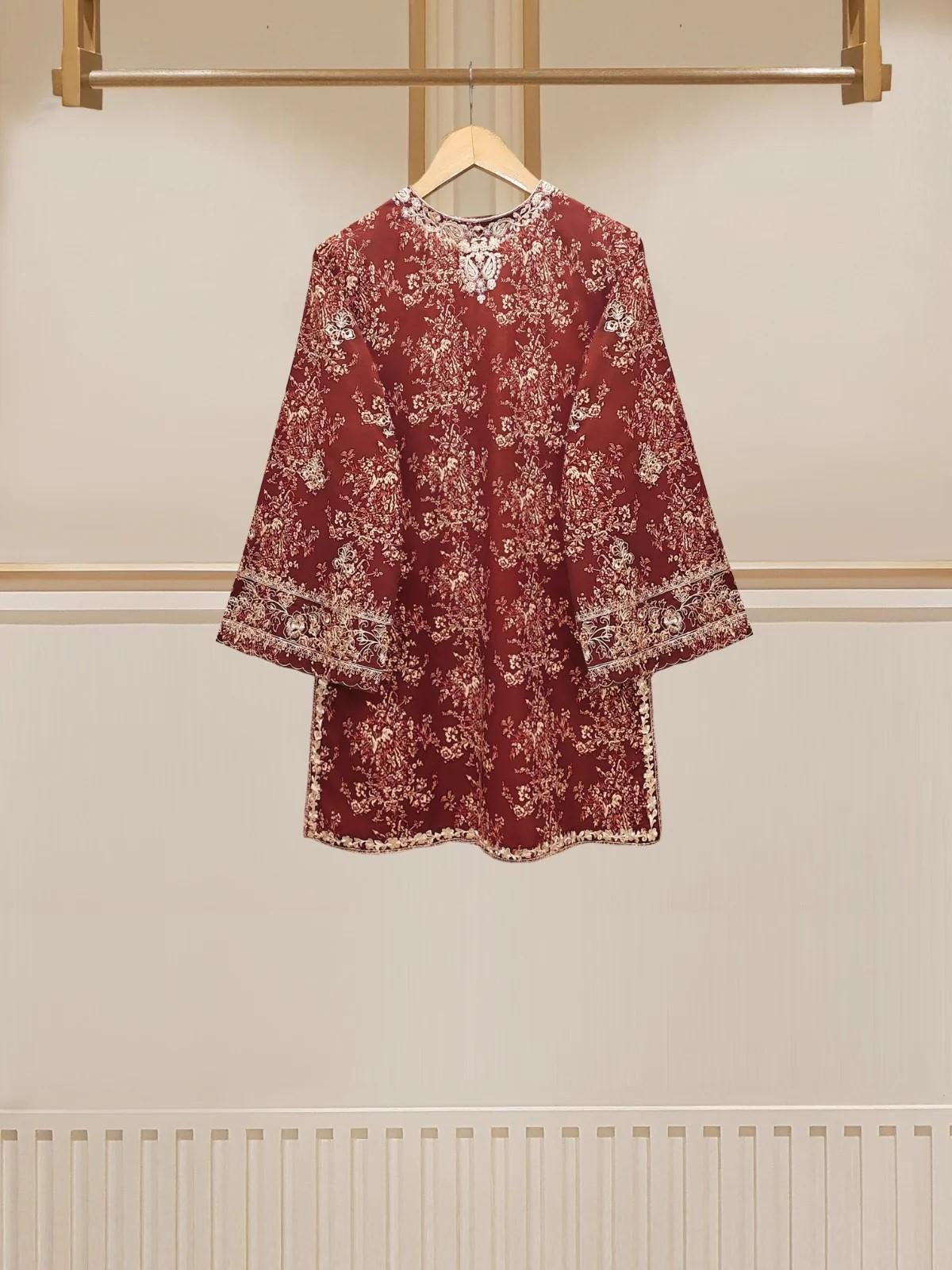 Aghanoor 2 piece - Digital Printed Embroidered Cambric Suit (Size Medium)- Maroon