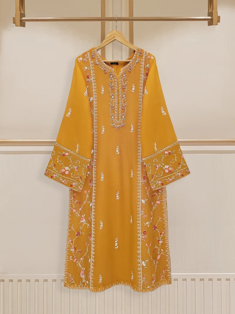 Agha Noor 3 Piece Embroidered Cotton Net Shalwar Kameez - Raw Silk Pants