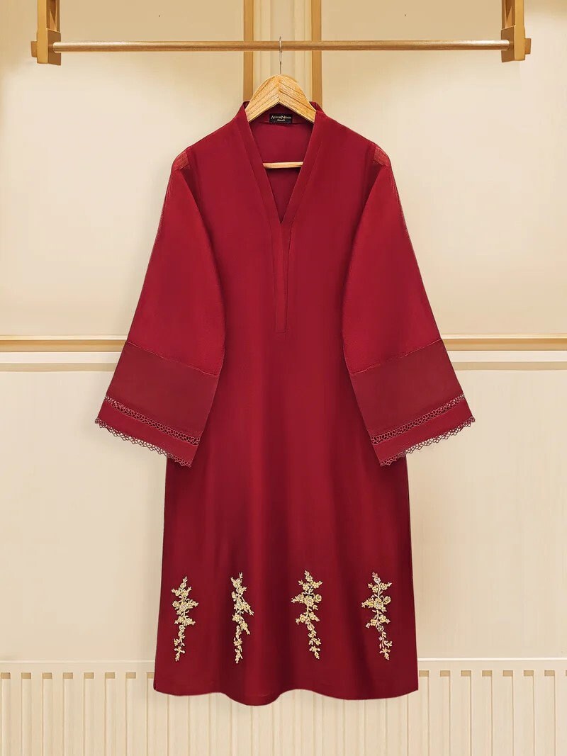 Agha Noor 3 Piece - Embroidered Cotton Net Suit: Maroon Raw Silk Pants, Chiffon Dupatta (Size L)
