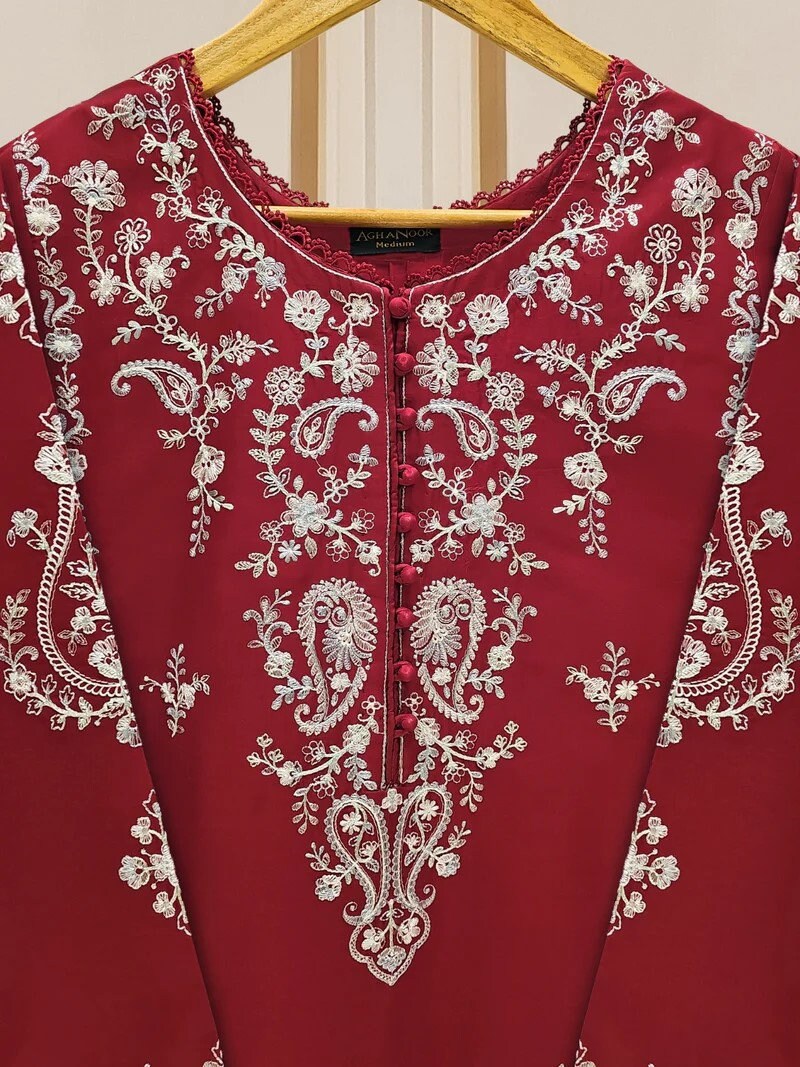 Agha Noor 2 piece - Embroidered Lawn Suit - Maroon - India Pakistan Bangladesh