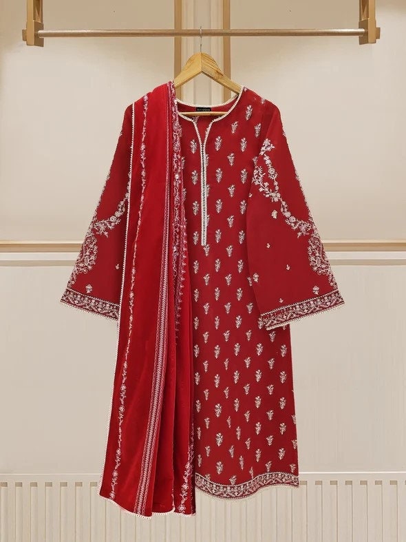 Agha Noor 2 piece - Embroidered Swiss Voile Suit - Maroon