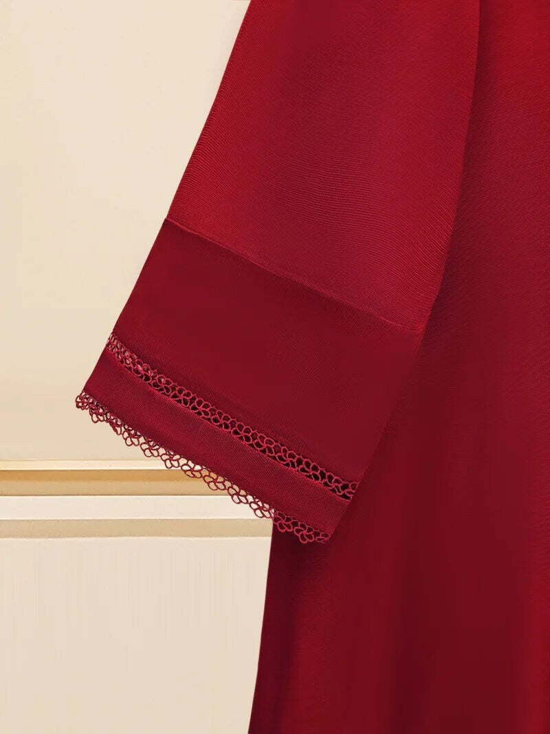 Agha Noor 3 Piece - Embroidered Cotton Net Suit: Maroon Raw Silk Pants, Chiffon Dupatta (Size L)