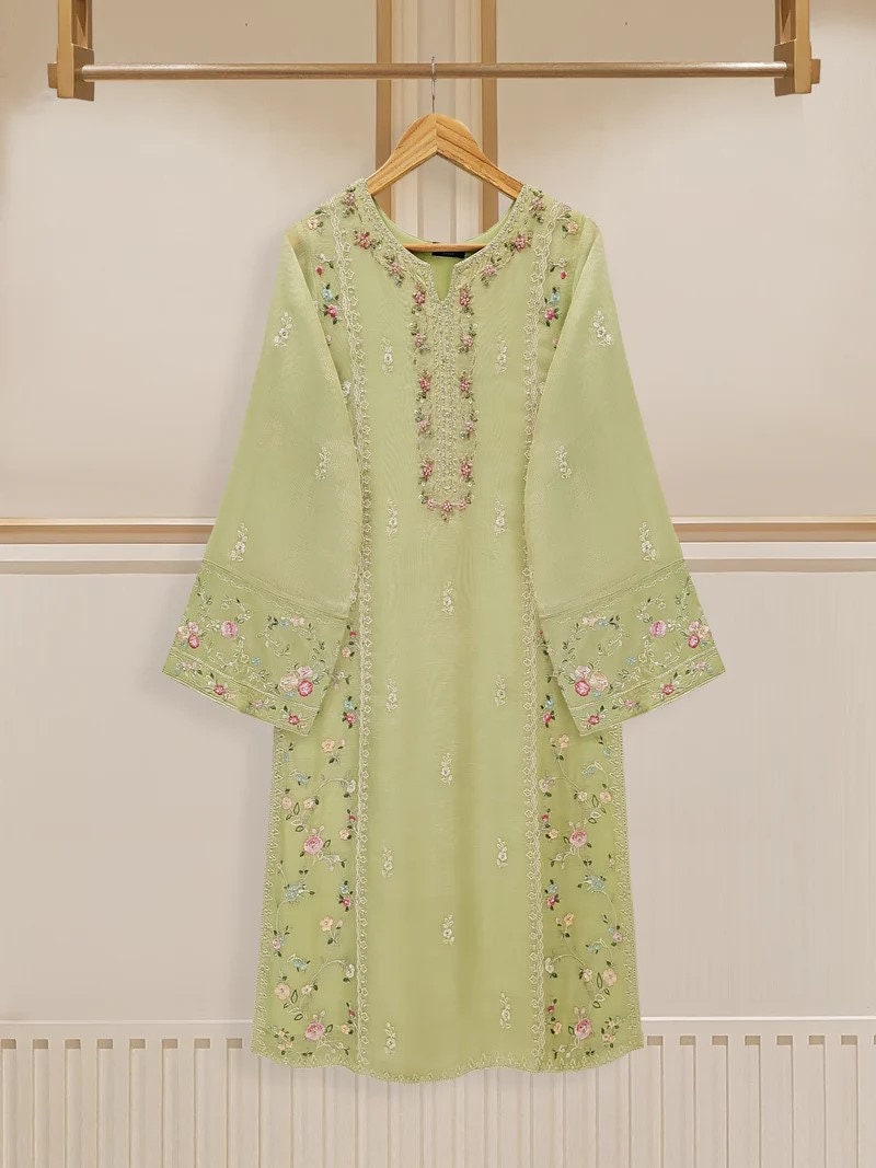 Agha Noor 3 Piece - Embroidered Cotton Net Suit - Pista Green, Raw Silk Pants