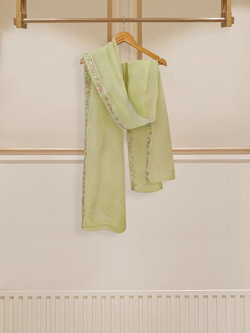 Agha Noor 3 Piece - Embroidered Cotton Net Suit - Pista Green, Raw Silk Pants