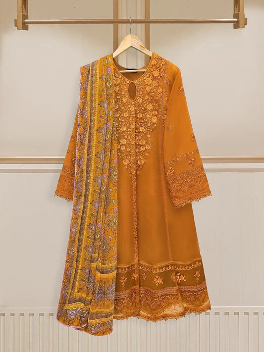 Agha Noor Embroidered Cotton Net Suit - Raw Silk Pants
