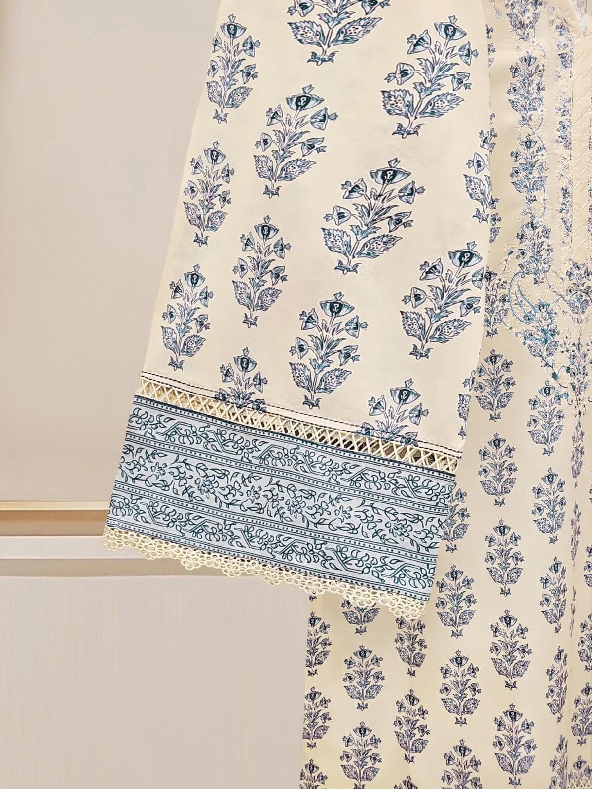 Aghanoor - 2 Pieces Printed Embroidered Cambric Suit - (Size-L) Blue - India Pakistan Bangladesh