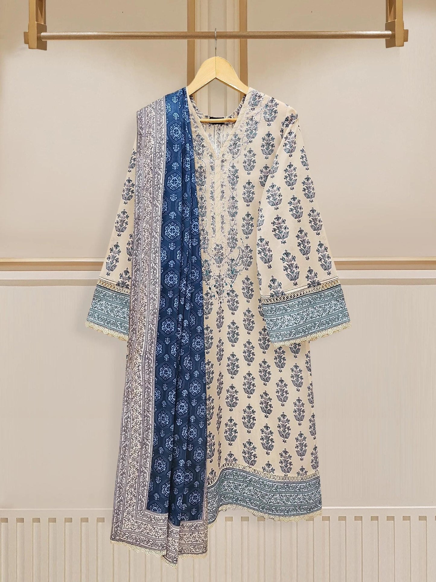Aghanoor - 2 Pieces Printed Embroidered Cambric Suit - (Size-L) Blue - India Pakistan Bangladesh
