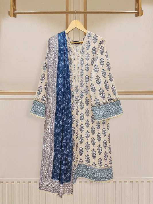 Aghanoor - 2 Pieces Printed Embroidered Cambric Suit - (Size-L) Blue - India Pakistan Bangladesh