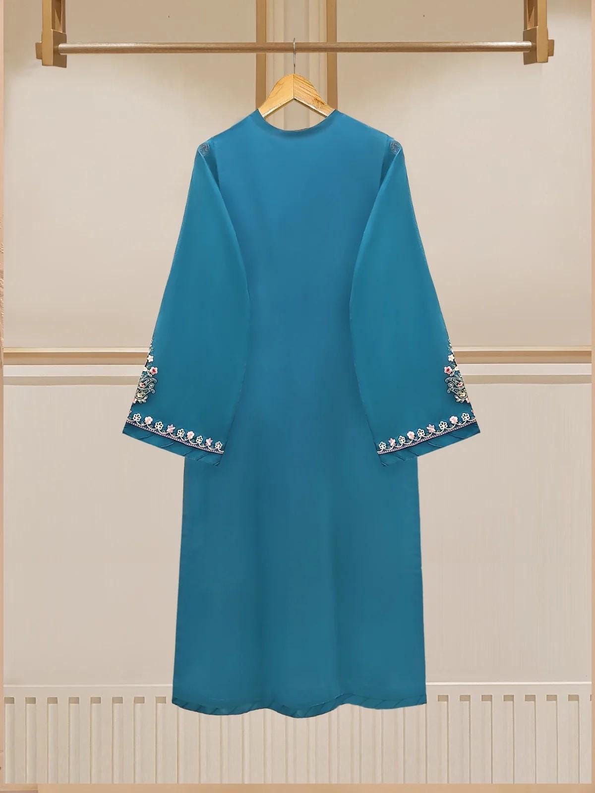 Aghanoor 2 piece - Embroidered Swiss Voile Suit (Size - M, L) - Teal Blue Shalwar Kameez