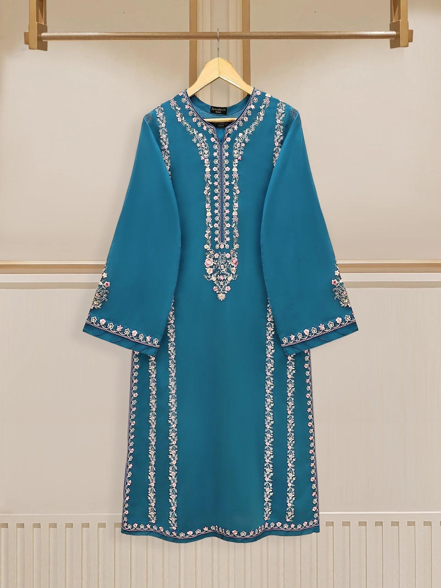 Aghanoor 2 piece - Embroidered Swiss Voile Suit (Size - M, L) - Teal Blue Shalwar Kameez