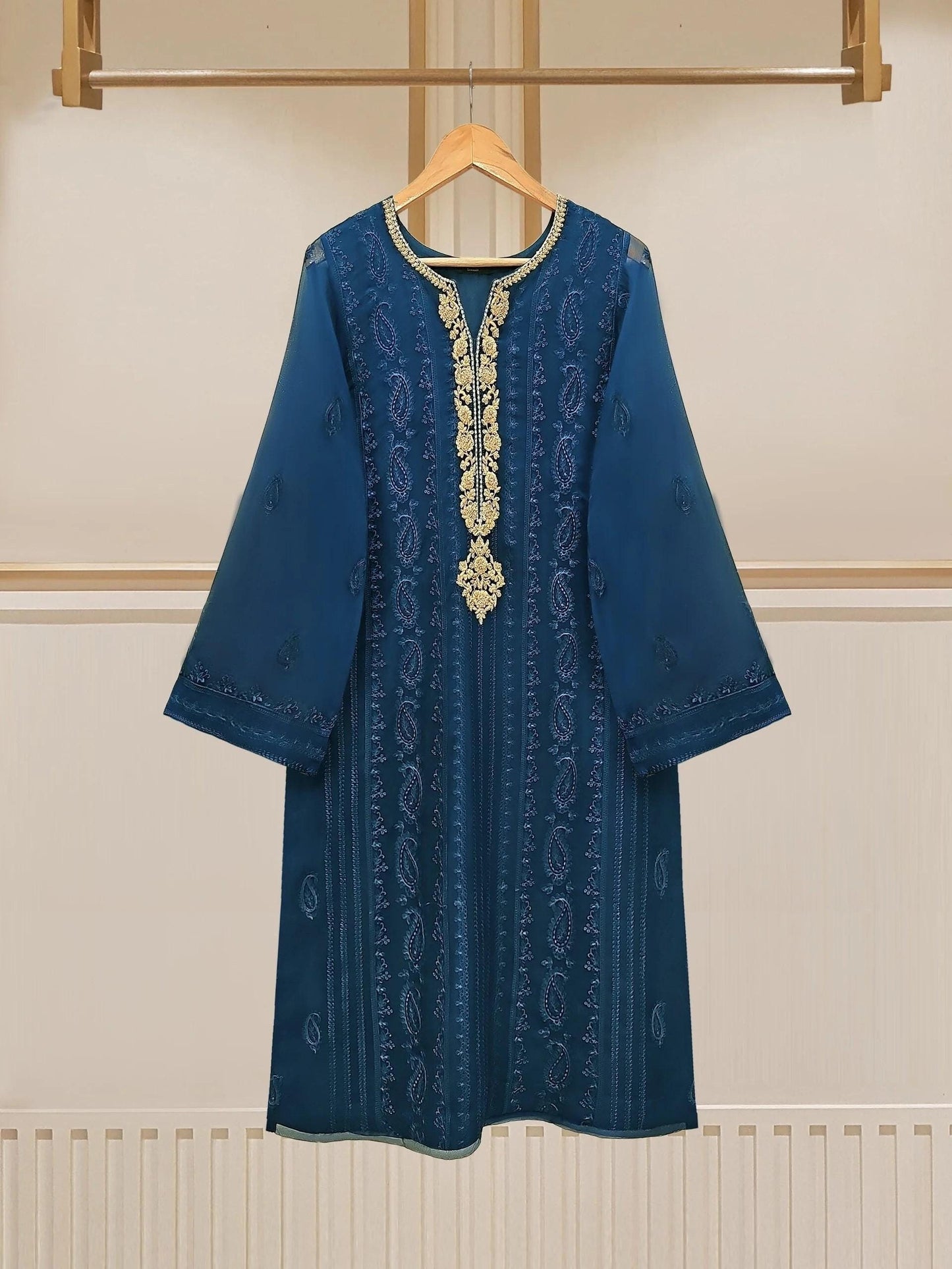 Aghanoor 2 Piece - Chiffon Embroidered Suit (Size-XS) - Raw silk pants