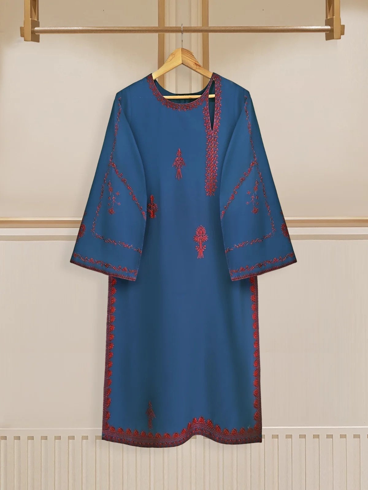 Agha Noor 3 Piece Embroidered Cotton Shalwar Kameez: Navy Blue Indian Suit (Size L)