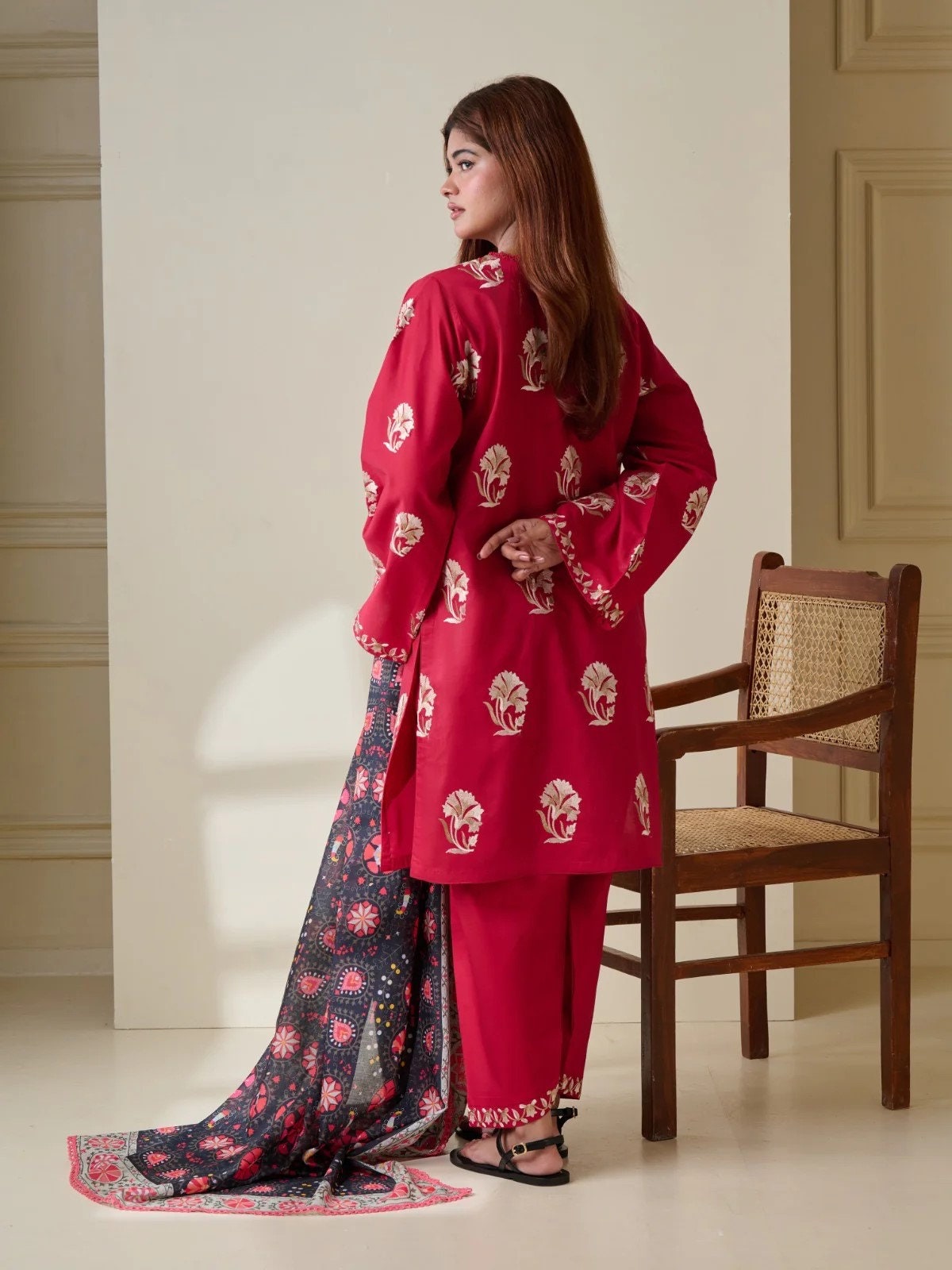 Agha Noor Embroidered Lawn Suit - Maroon - 3 Piece