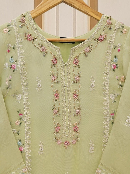 Agha Noor 3 Piece - Embroidered Cotton Net Suit - Pista Green, Raw Silk Pants