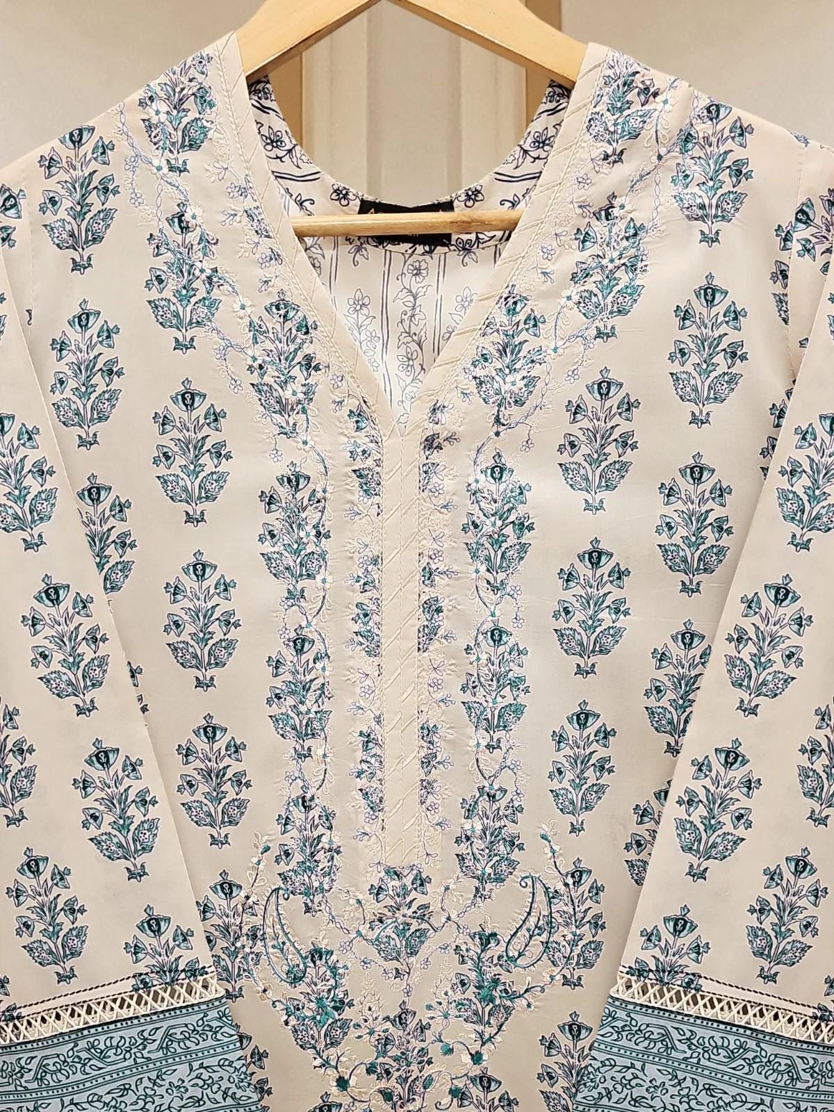 Aghanoor - 2 Pieces Printed Embroidered Cambric Suit - (Size-L) Blue - India Pakistan Bangladesh
