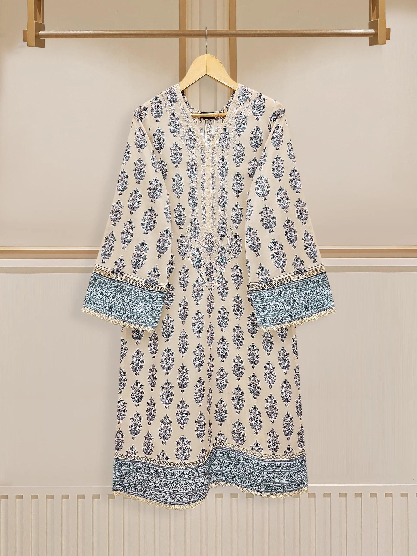 Aghanoor - 2 Pieces Printed Embroidered Cambric Suit - (Size-L) Blue - India Pakistan Bangladesh