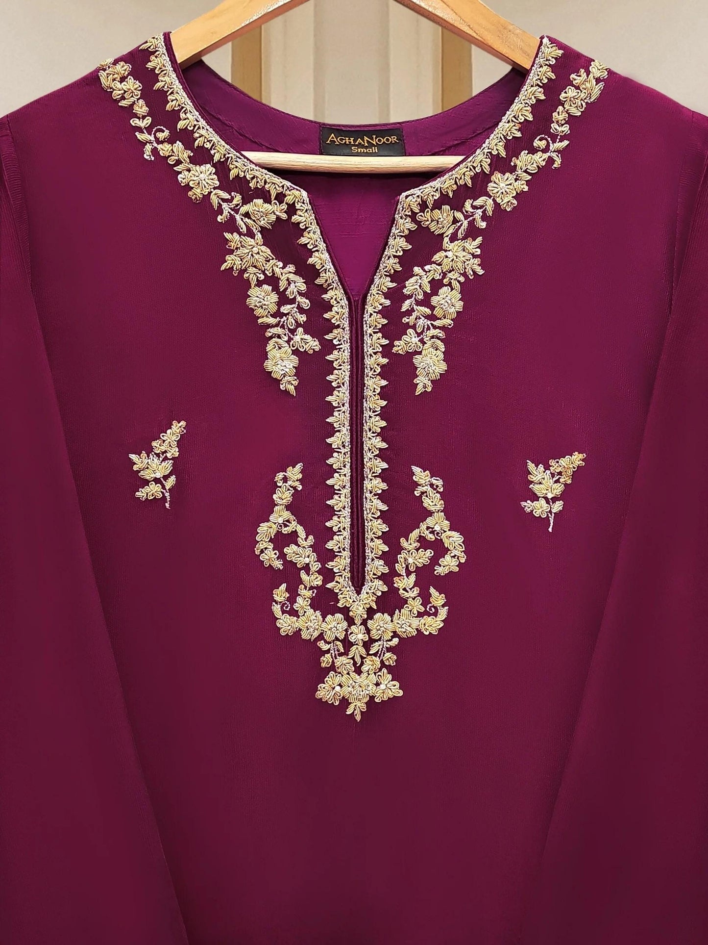Agha Noor Magenta Embroidered Pure Silk Net Shalwar Kameez