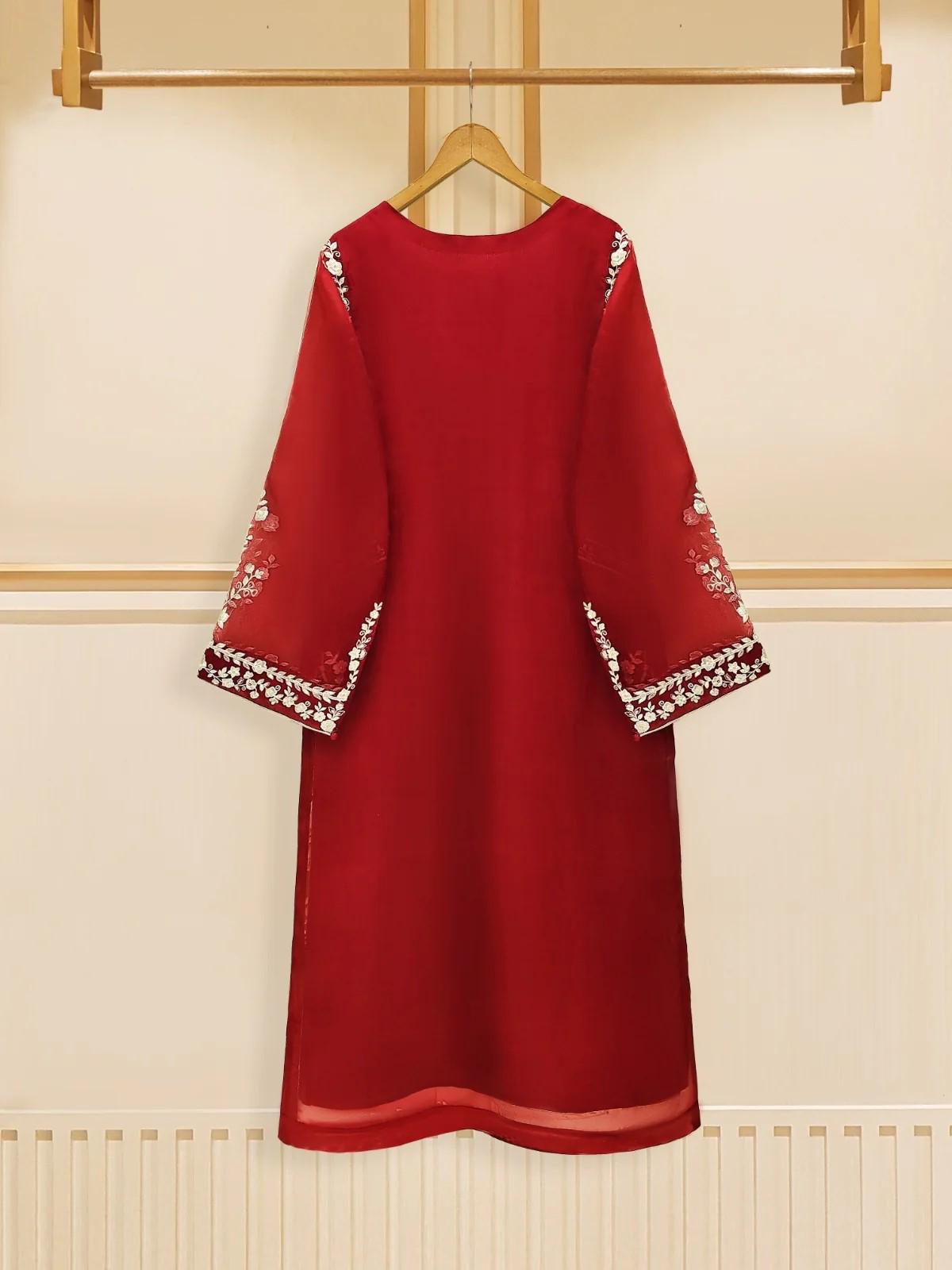Aghanoor 3 piece - (Size- XL) Pure Organza Embroidered Suit - Maroon - Raw Silk Pants