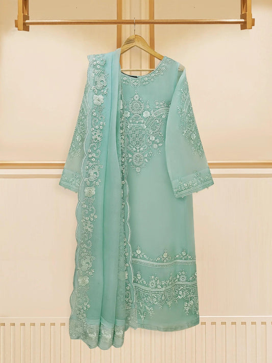 Agha Noor 3 Piece Embroidered Organza Suit with Raw Silk Pants (Size - XL)