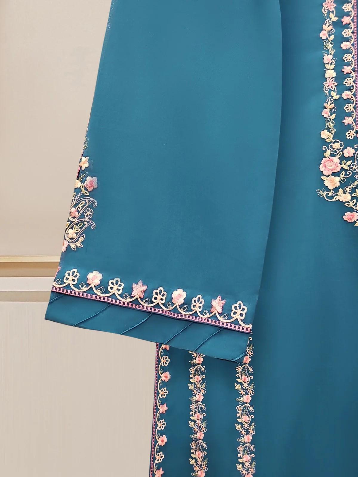Aghanoor 2 piece - Embroidered Swiss Voile Suit (Size - M, L) - Teal Blue Shalwar Kameez