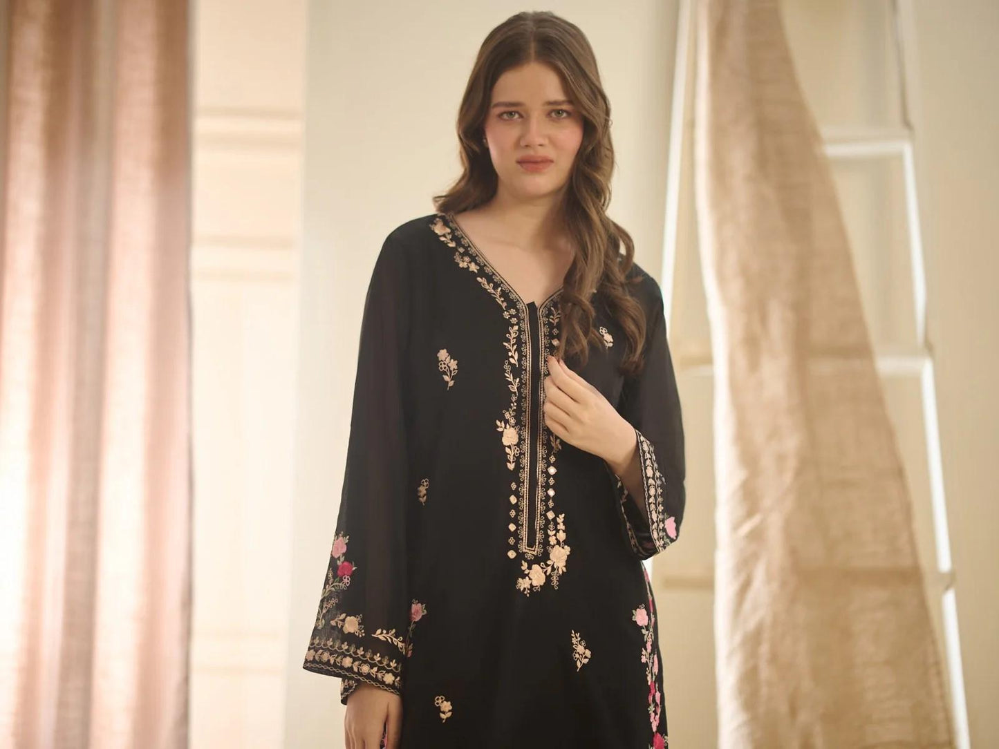 Aghanoor 2 piece - Embroidered Swiss Voile Suit (Size - L) - Black Shalwar Kameez
