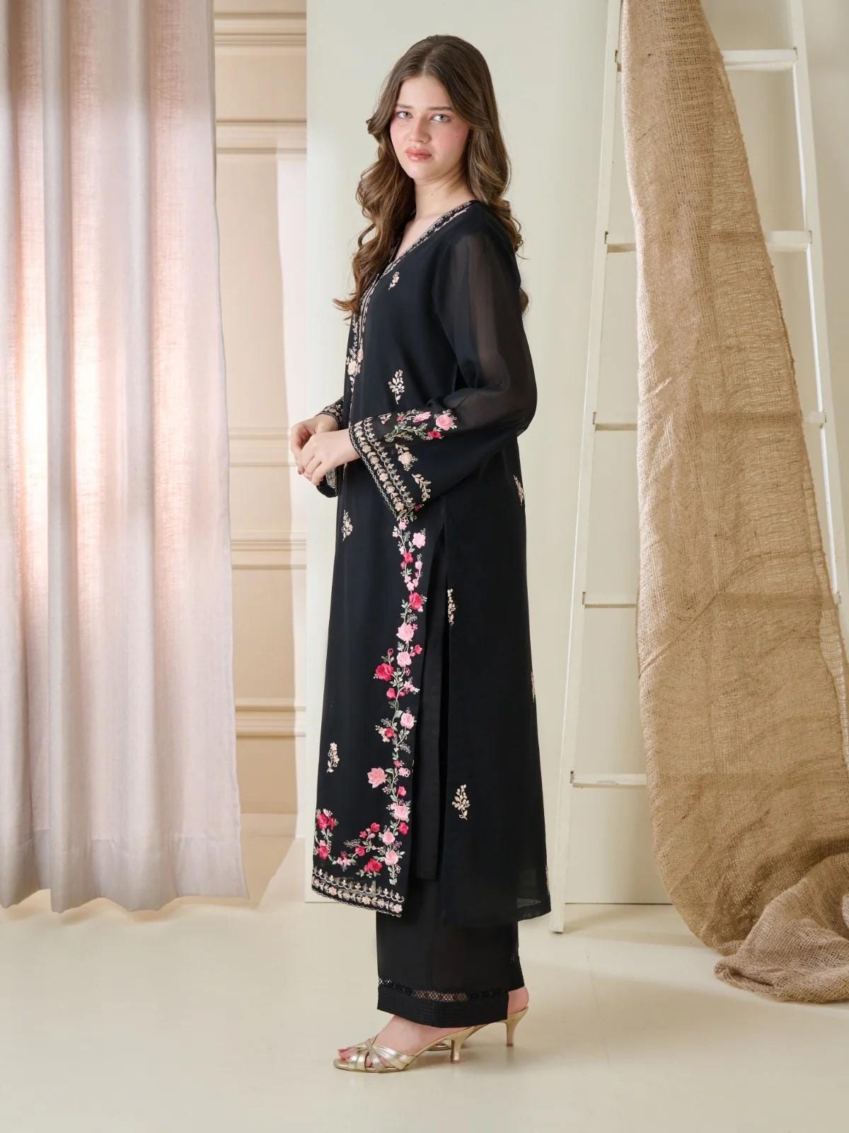 Aghanoor 2 piece - Embroidered Swiss Voile Suit (Size - L) - Black Shalwar Kameez