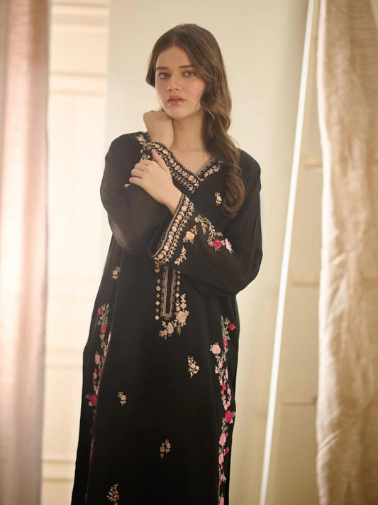 Aghanoor 2 piece - Embroidered Swiss Voile Suit (Size - L) - Black Shalwar Kameez