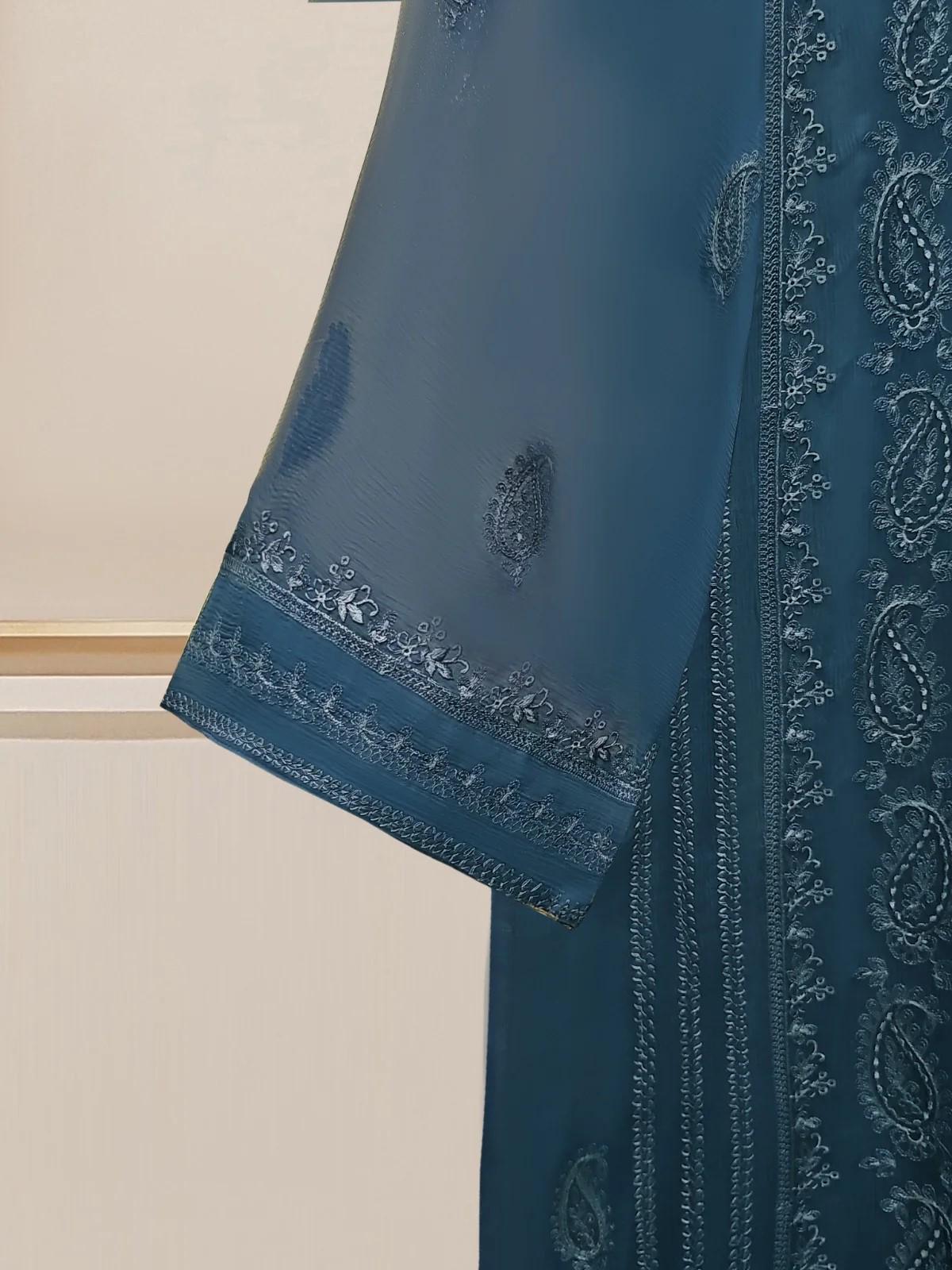 Aghanoor 2 Piece - Chiffon Embroidered Suit (Size-XS) - Raw silk pants