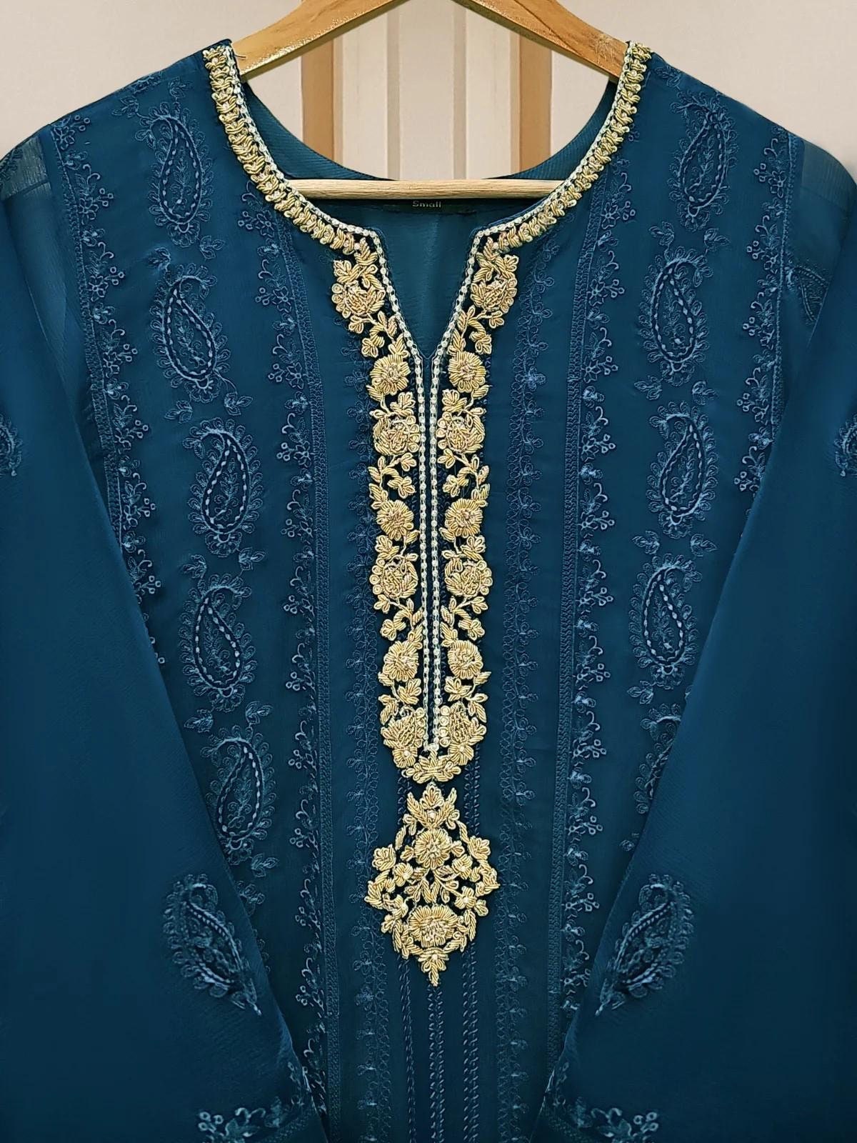 Aghanoor 2 Piece - Chiffon Embroidered Suit (Size-XS) - Raw silk pants