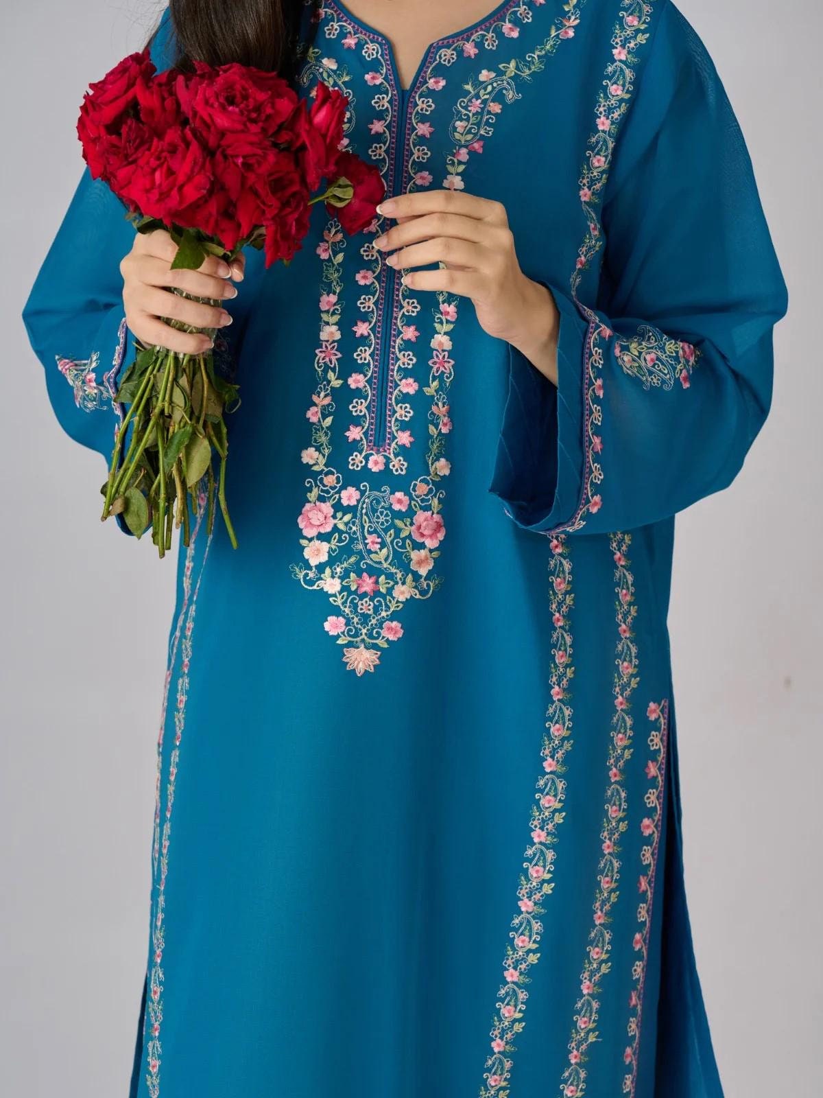 Aghanoor 2 piece - Embroidered Swiss Voile Suit (Size - M, L) - Teal Blue Shalwar Kameez